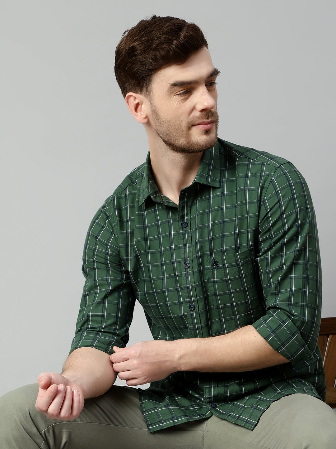 Cantabil Cotton Checkered Green Full Sleeve Casual Shirt for Men with Pocket (7114276798603)