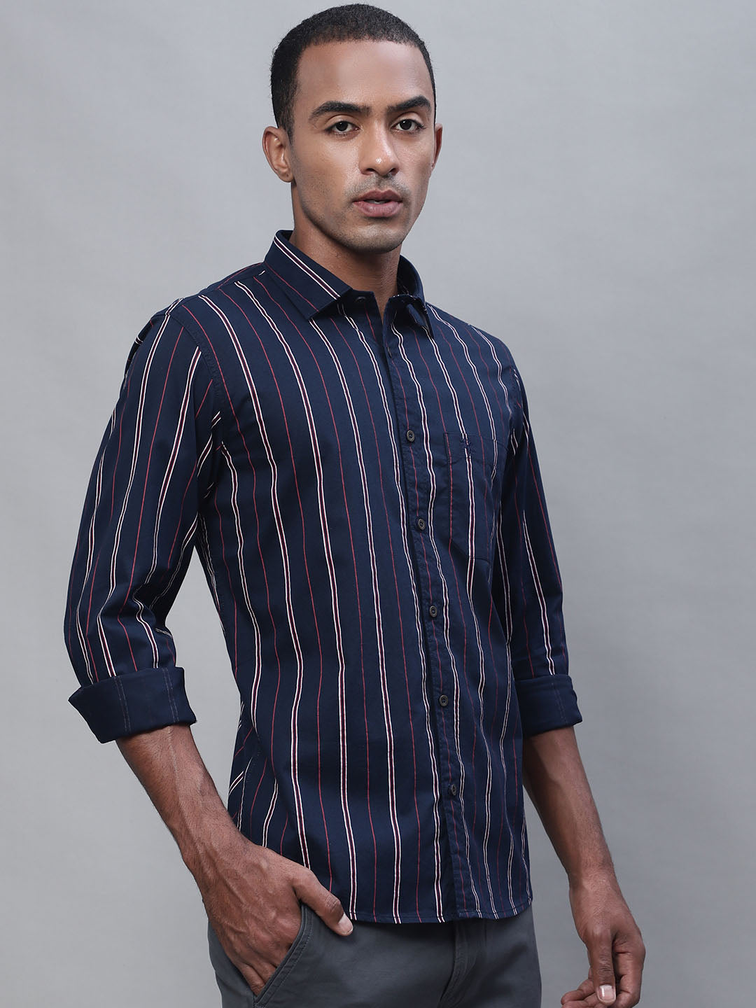 Cantabil Cotton Striped Navy Blue Full Sleeve Casual Shirt for Men with Pocket (7113873850507)