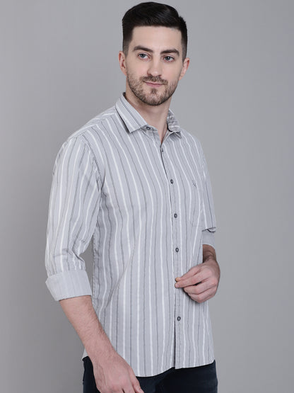 Cantabil Cotton Grey Striped Full Sleeve Regular Fit Casual Shirt for Men with Pocket (7162817380491)