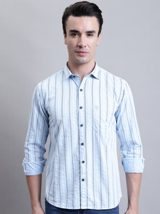 Cantabil Men Sky Blue Striped Full Sleeves Casual Shirt (7156388659339)