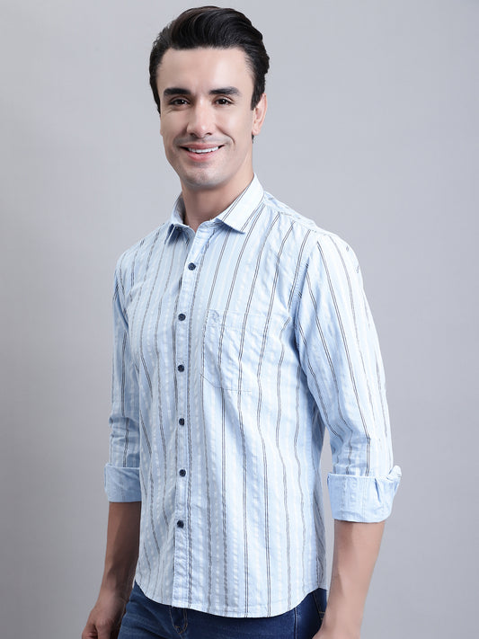 Cantabil Men Sky Blue Striped Full Sleeves Casual Shirt (7156388659339)