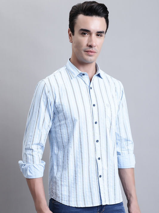 Cantabil Men Sky Blue Striped Full Sleeves Casual Shirt (7156388659339)