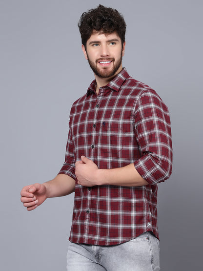 Cantabil Cotton Checkered Maroon Full Sleeve Casual Shirt for Men with Pocket (7089934041227)