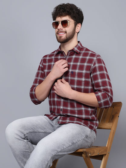 Cantabil Cotton Checkered Maroon Full Sleeve Casual Shirt for Men with Pocket (7089934041227)