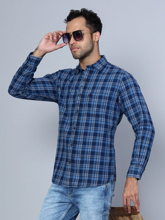 Cantabil Cotton Checkered Navy Blue Full Sleeve Casual Shirt for Men with Pocket (7135832244363)