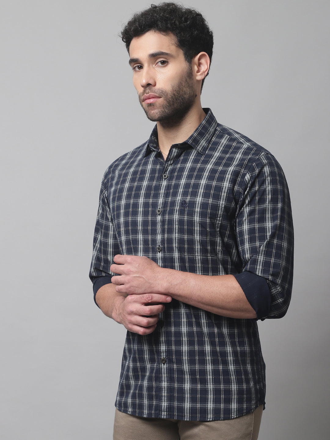 Cantabil Cotton Checkered Navy Blue Full Sleeve Casual Shirt for Men with Pocket (7070323507339)