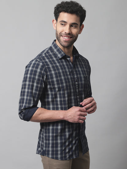 Cantabil Cotton Checkered Navy Blue Full Sleeve Casual Shirt for Men with Pocket (7070323507339)