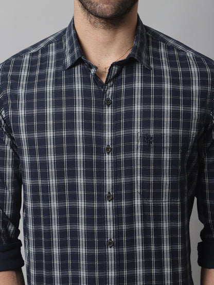 Cantabil Cotton Checkered Navy Blue Full Sleeve Casual Shirt for Men with Pocket (7070323507339)