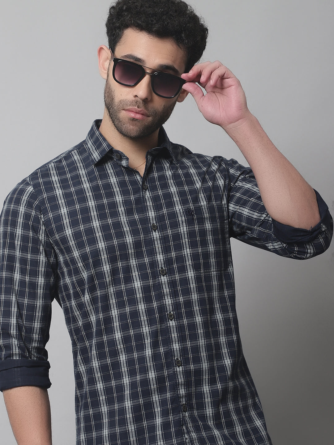 Cantabil Cotton Checkered Navy Blue Full Sleeve Casual Shirt for Men with Pocket (7070323507339)