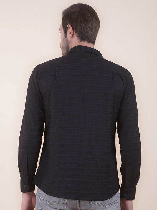 Men's Black Slim Fit Striped Full Sleeve Casual Shirt