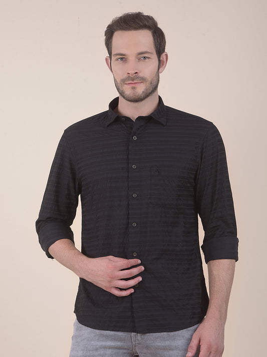 Men's Black Slim Fit Striped Full Sleeve Casual Shirt