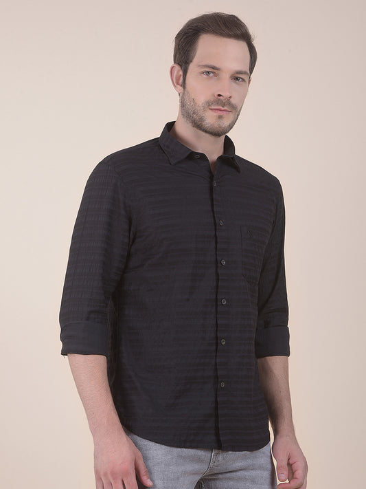Men's Black Slim Fit Striped Full Sleeve Casual Shirt