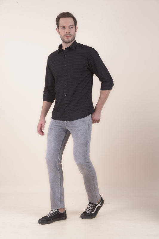 Men's Black Slim Fit Striped Full Sleeve Casual Shirt