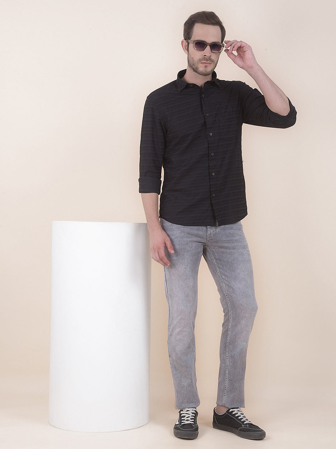  Black Slim Fit Striped Full Sleeve Casual Shirt