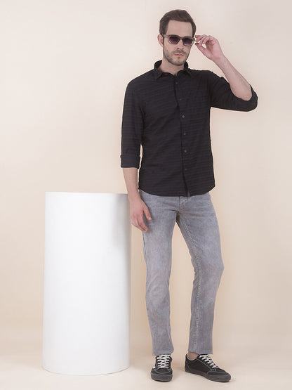  Black Slim Fit Striped Full Sleeve Casual Shirt