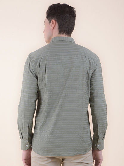 Men's Sagegreen Slim Fit Striped Full Sleeve Formal Shirt