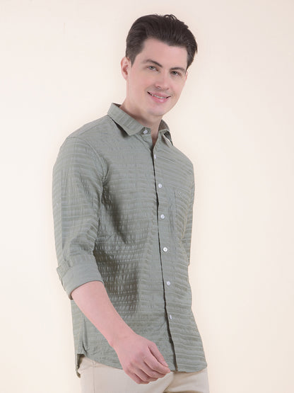 Men's Sagegreen Slim Fit Striped Full Sleeve Formal Shirt