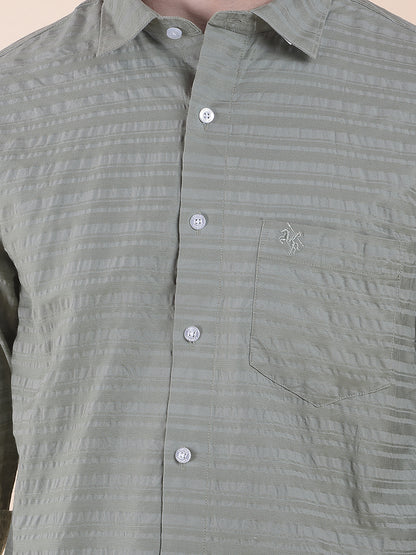 Men's Sagegreen Slim Fit Striped Full Sleeve Formal Shirt
