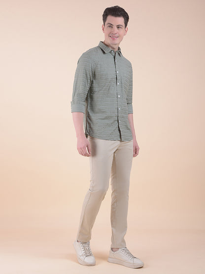Men's Sagegreen Slim Fit Striped Full Sleeve Formal Shirt