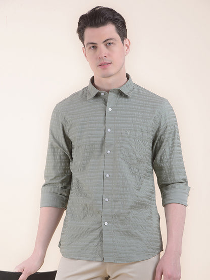 Men's Sagegreen Slim Fit Striped Full Sleeve Formal Shirt