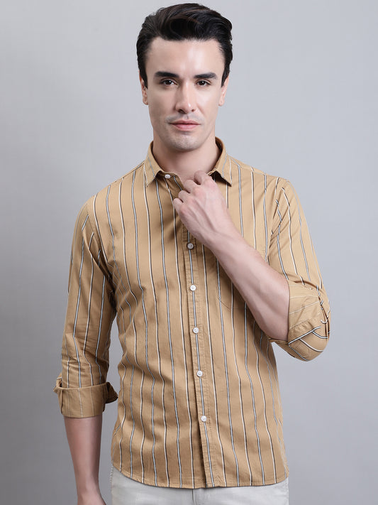 Cantabil Men Khaki Striped Full Sleeves Casual Shirt (7156384039051)