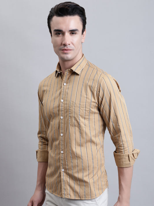 Cantabil Men Khaki Striped Full Sleeves Casual Shirt (7156384039051)