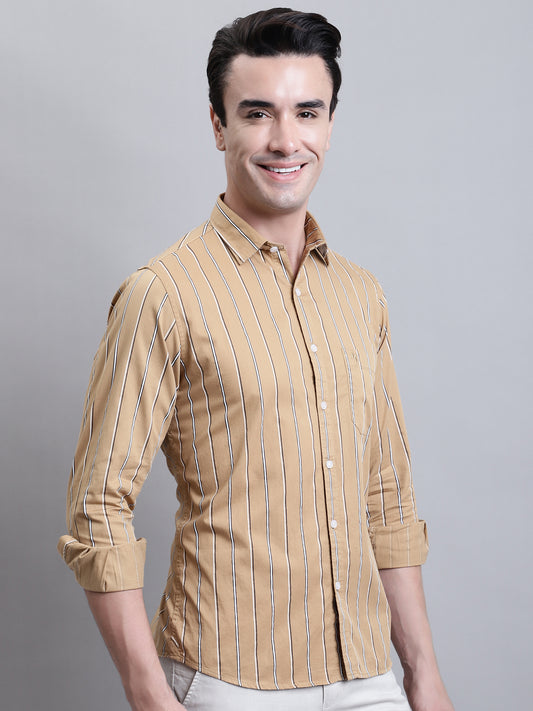 Cantabil Men Khaki Striped Full Sleeves Casual Shirt (7156384039051)