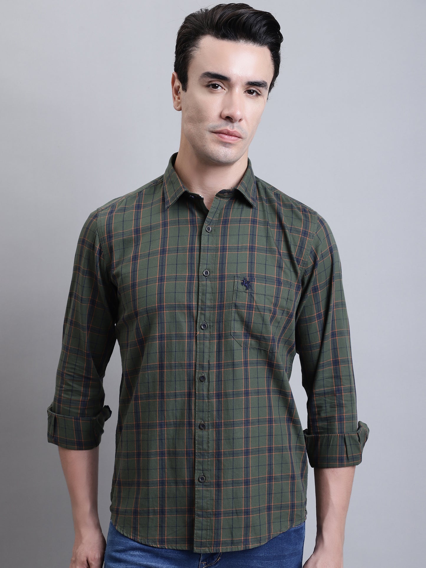 Cantabil Men Green Checkered Full Sleeves Casual Shirt (7156356939915)