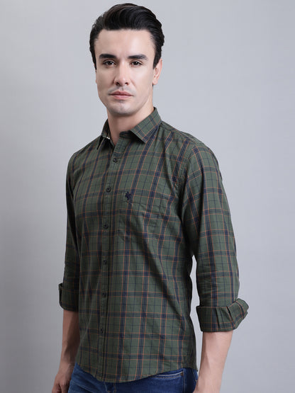 Cantabil Men Green Checkered Full Sleeves Casual Shirt (7156356939915)