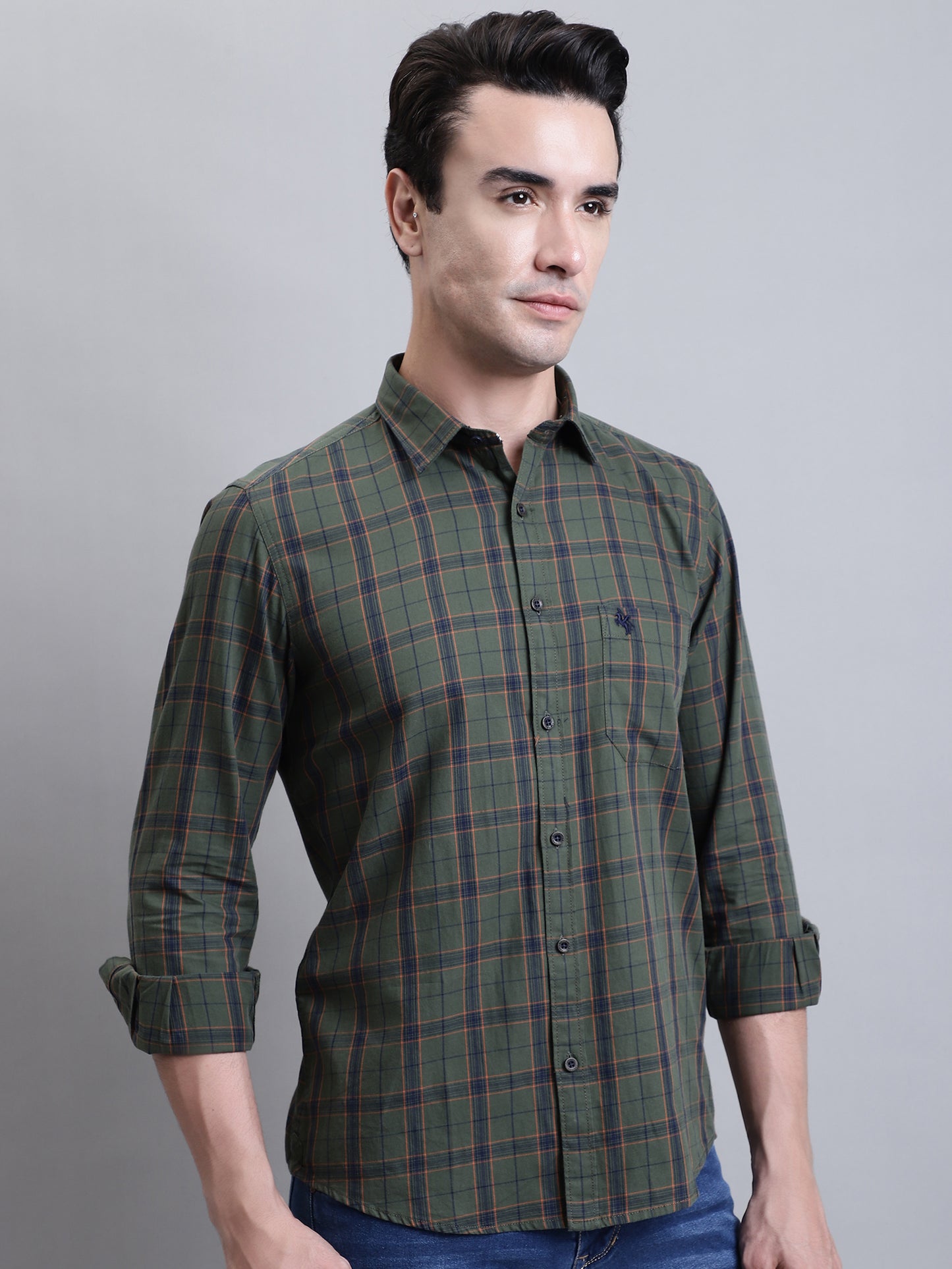 Cantabil Men Green Checkered Full Sleeves Casual Shirt (7156356939915)