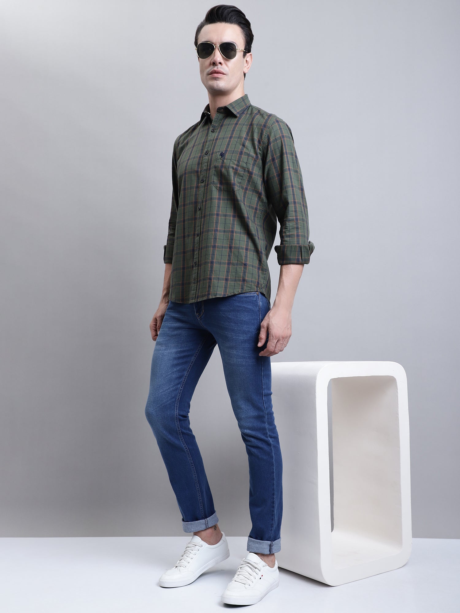 Cantabil Men Green Checkered Full Sleeves Casual Shirt (7156356939915)