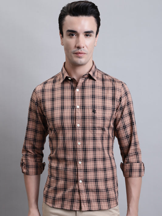 Cantabil Men Brown Checkered Full Sleeves Casual Shirt (7156389347467)
