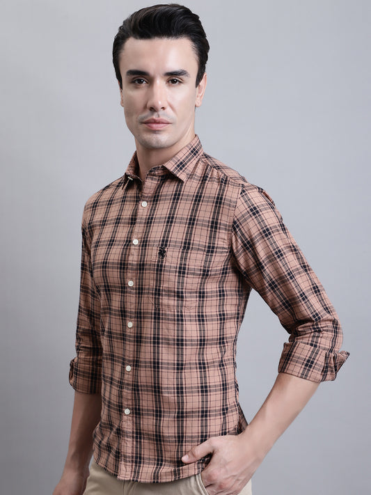 Cantabil Men Brown Checkered Full Sleeves Casual Shirt (7156389347467)