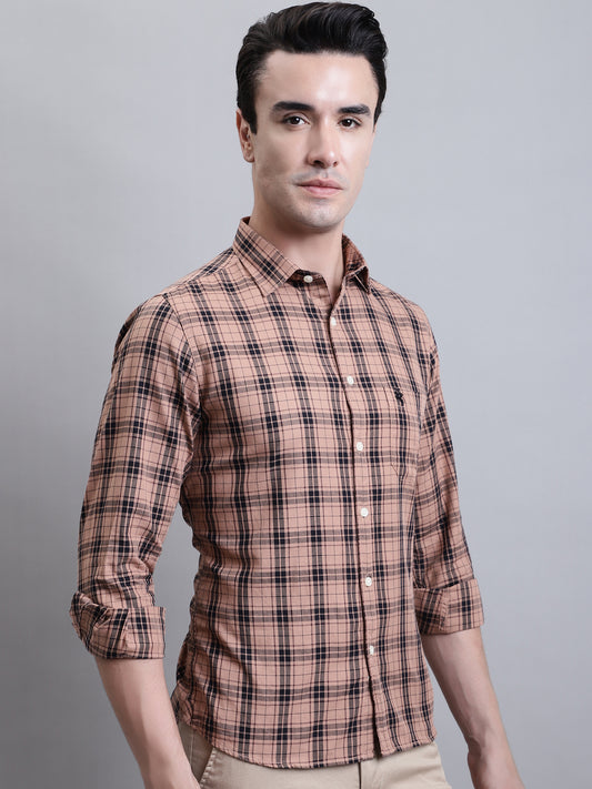 Cantabil Men Brown Checkered Full Sleeves Casual Shirt (7156389347467)