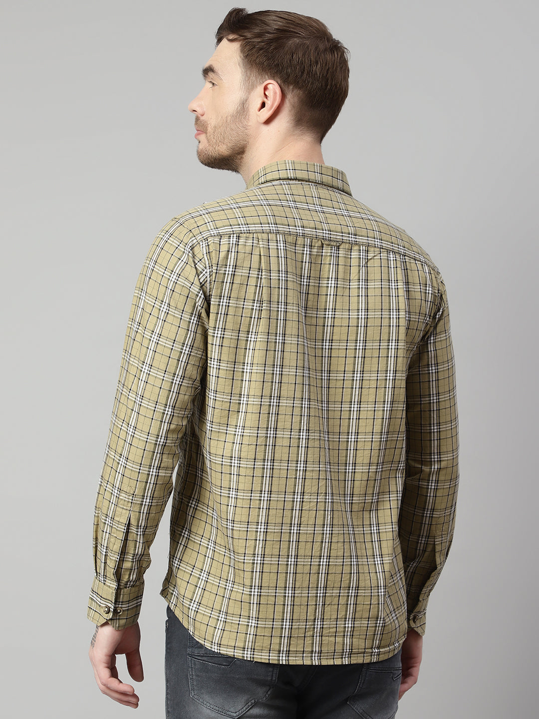 Cantabil Cotton Checkered Olive Full Sleeve Casual Shirt for Men with Pocket (7113874505867)