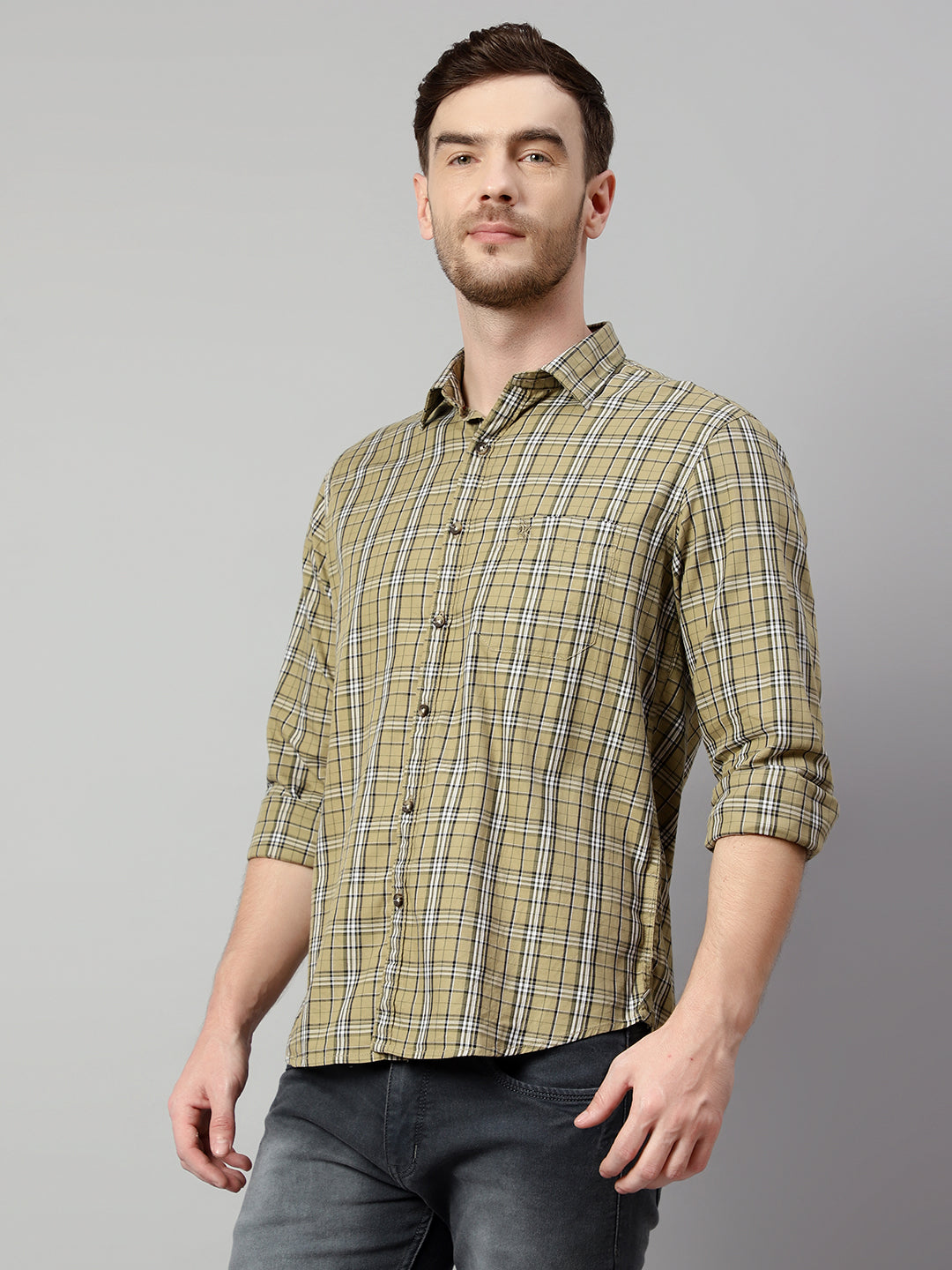 Cantabil Cotton Checkered Olive Full Sleeve Casual Shirt for Men with Pocket (7113874505867)