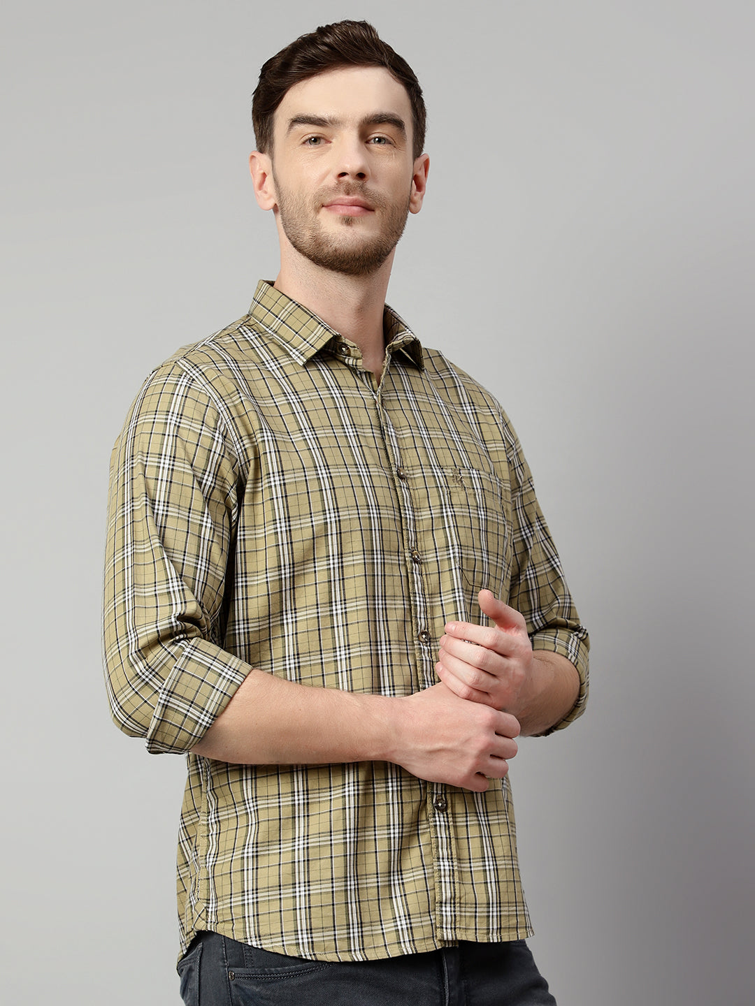 Cantabil Cotton Checkered Olive Full Sleeve Casual Shirt for Men with Pocket (7113874505867)