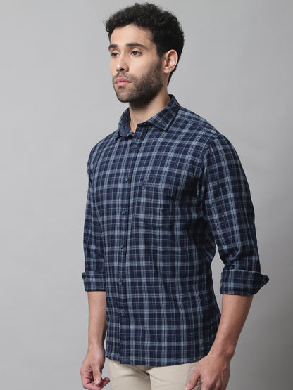 Cantabil Cotton Checkered Navy Blue Full Sleeve Casual Shirt for Men with Pocket (7070293688459)