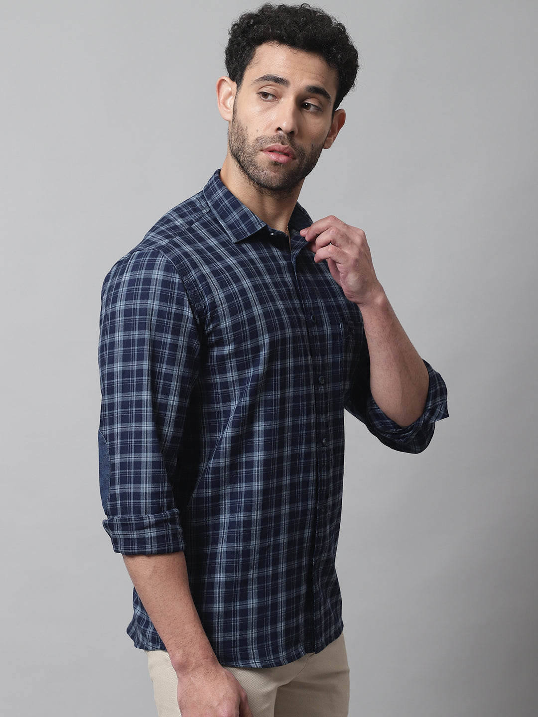 Cantabil Cotton Checkered Navy Blue Full Sleeve Casual Shirt for Men with Pocket (7070293688459)