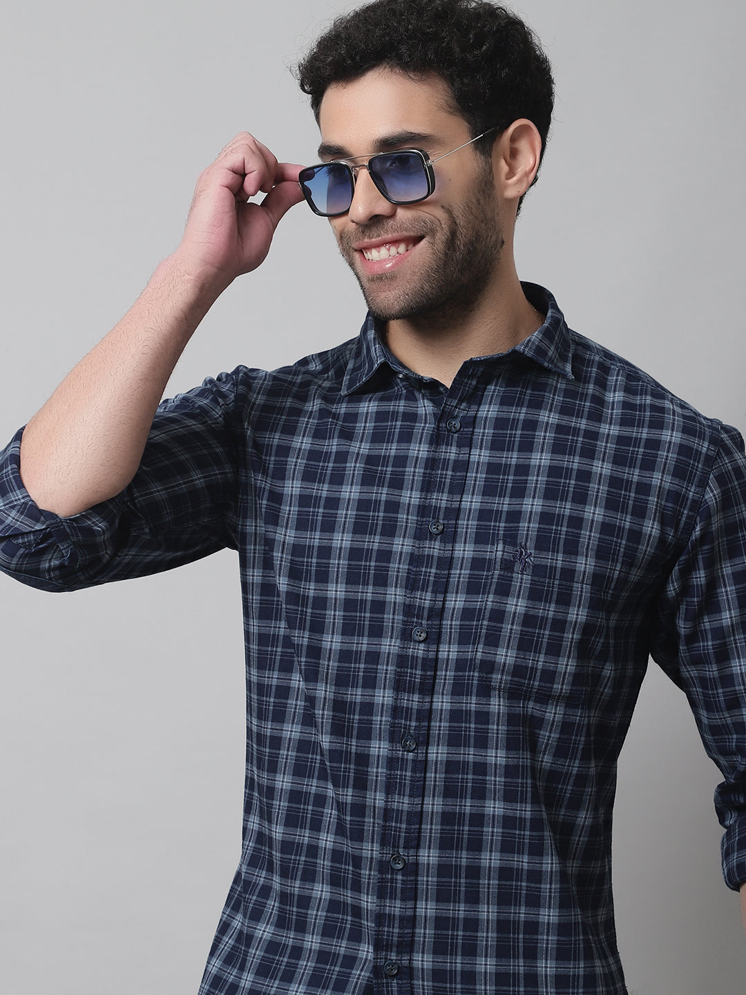 Cantabil Cotton Checkered Navy Blue Full Sleeve Casual Shirt for Men with Pocket (7070293688459)