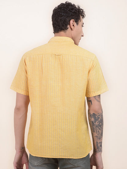 Men's Yellow Slim Fit Striped Half Sleeve Casual Shirt