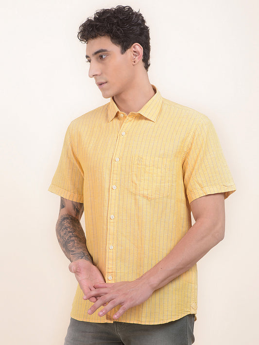 Men's Yellow Slim Fit Striped Half Sleeve Casual Shirt