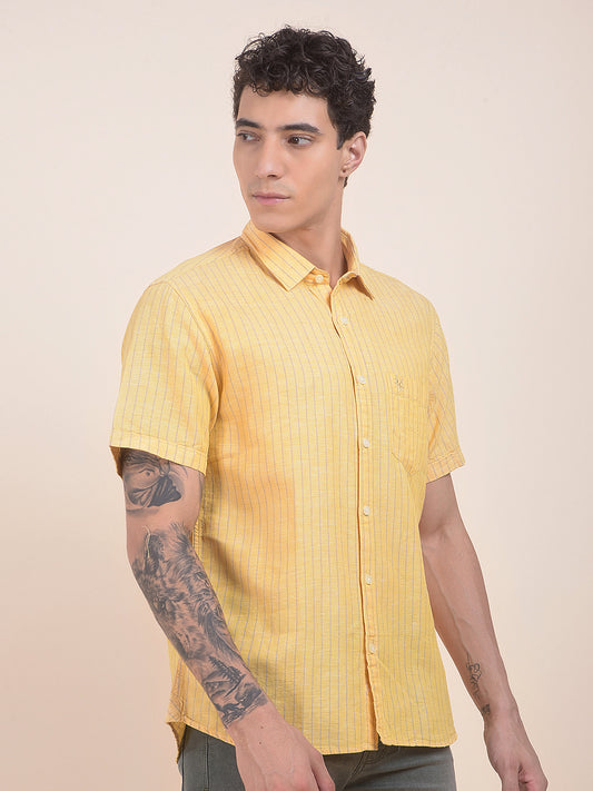 Men's Yellow Slim Fit Striped Half Sleeve Casual Shirt