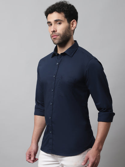 Cantabil Cotton Blend Solid Navy Blue Full Sleeve Casual Shirt for Men with Pocket (7070775214219)