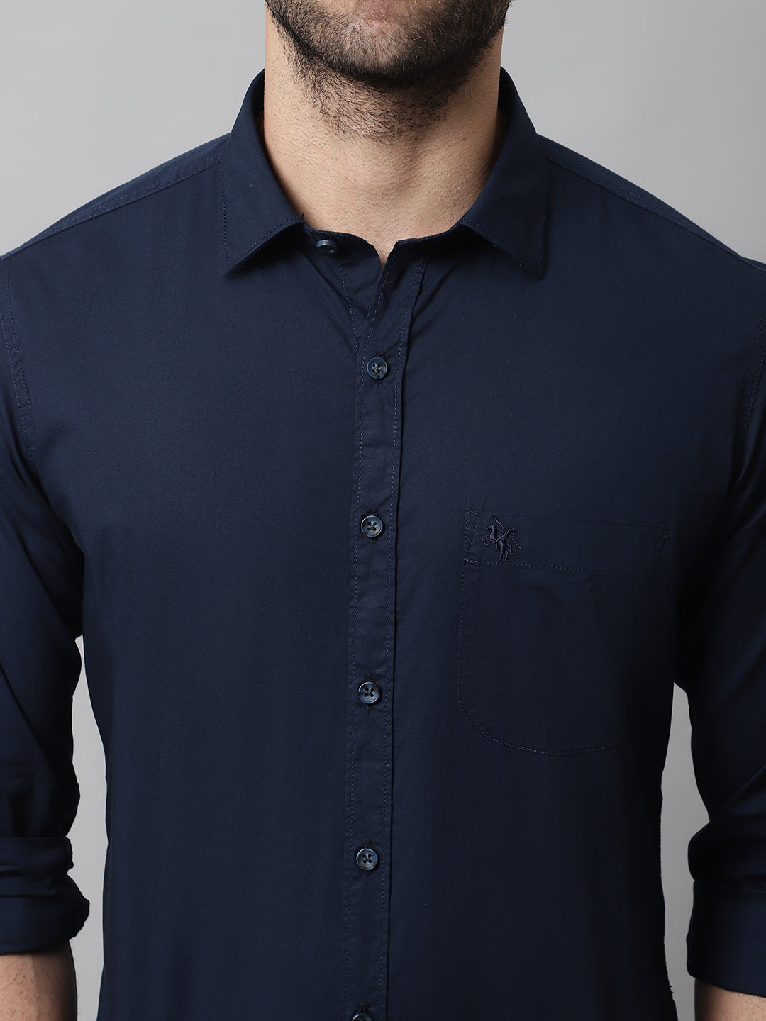 Cantabil Cotton Blend Solid Navy Blue Full Sleeve Casual Shirt for Men with Pocket (7070775214219)