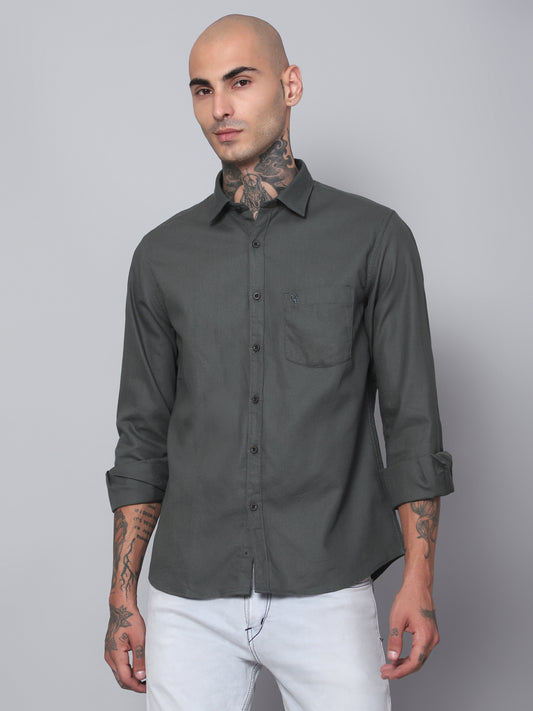 Cantabil Men Olive Self Design Full Sleeves Casual Shirt (7153407819915)