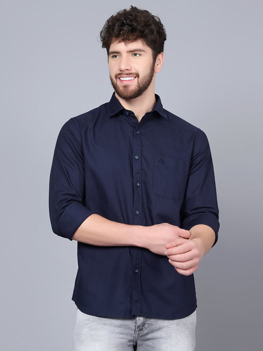 Cantabil Cotton Self Design Navy Blue Full Sleeve Casual Shirt for Men with Pocket (7091352993931)