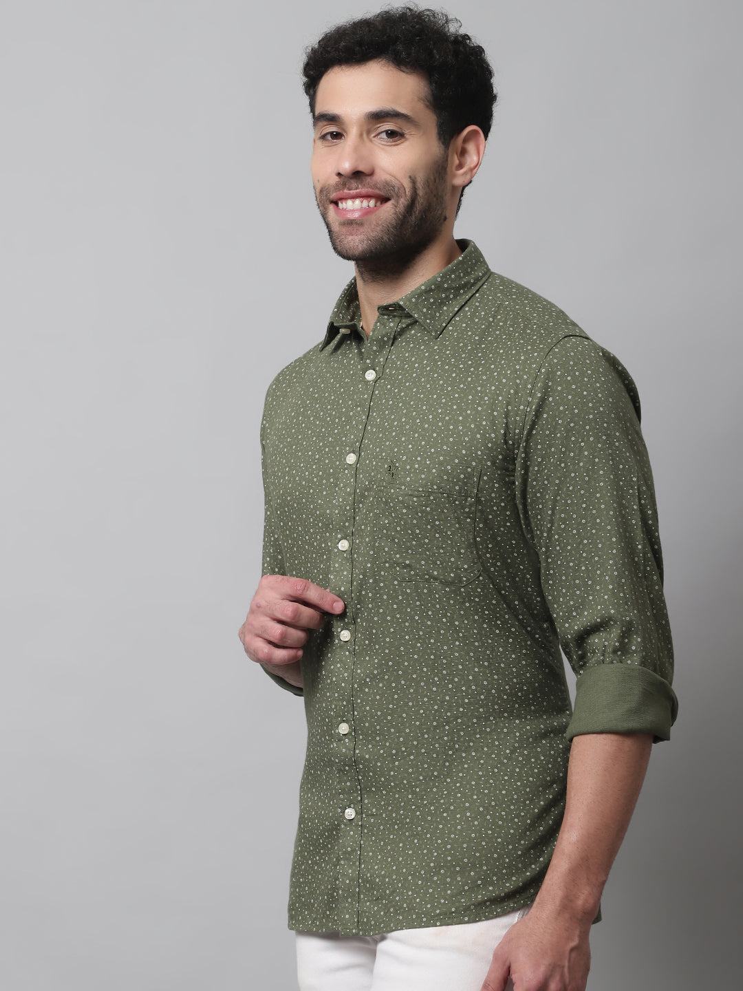 Cantabil Cotton Printed Olive Full Sleeve Casual Shirt for Men with Pocket (7070775378059)