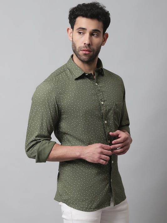 Cantabil Cotton Printed Olive Full Sleeve Casual Shirt for Men with Pocket (7070775378059)