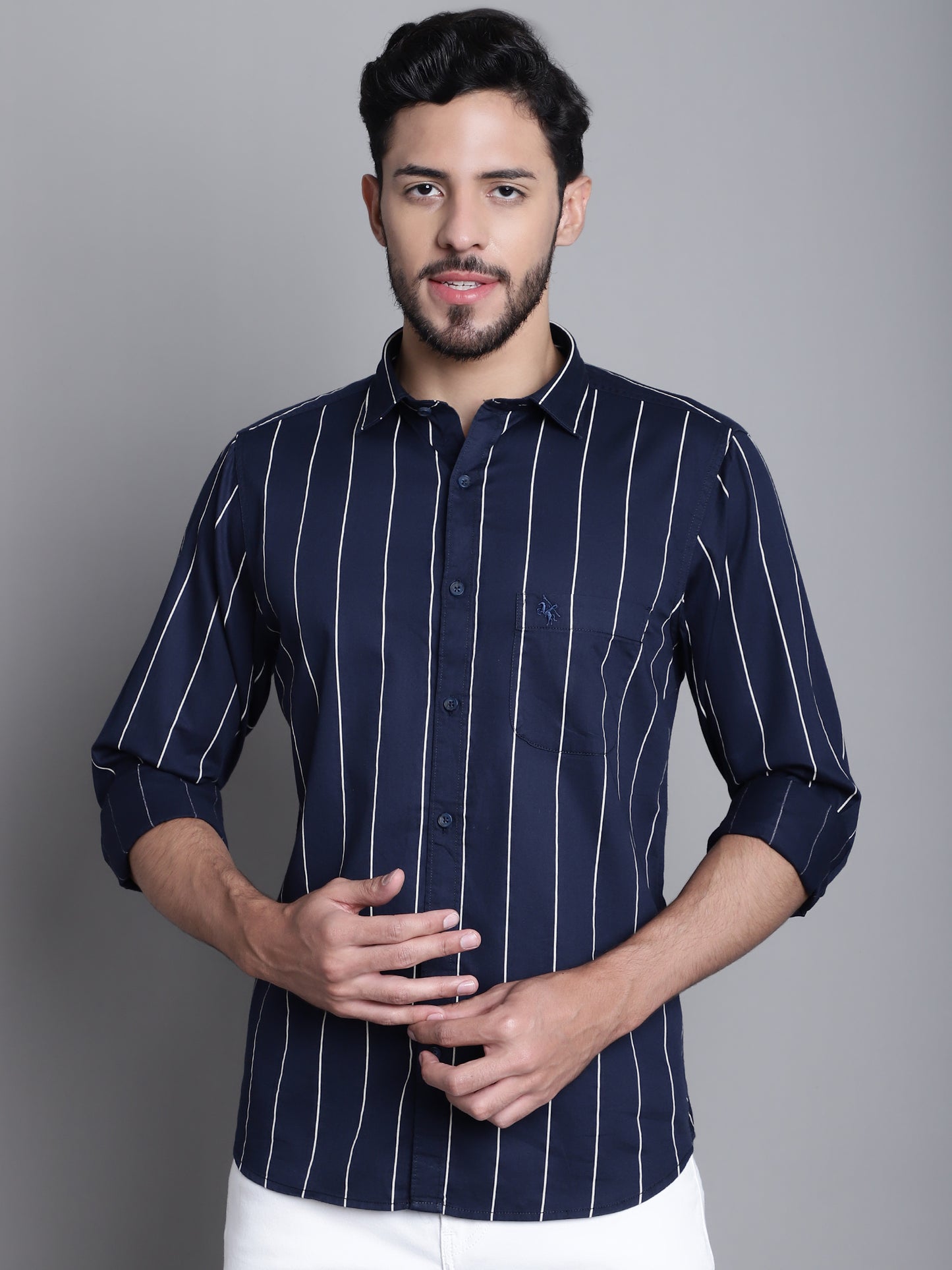 Cantabil Cotton Navy Blue Striped Full Sleeve Regular Fit Casual Shirt for Men with Pocket (7165431152779)